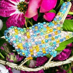 Colorful Rhinestone Bird Brooch Pin • Sparkling Rainbow Crystal Bird on Branch •